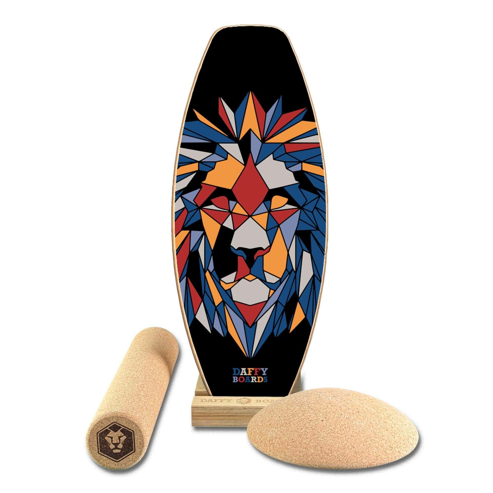 Daffy Boards Super-Bundle: Balance Board + Rolle + Kork-Halbkugel + Ständer, Design Fractal Lion