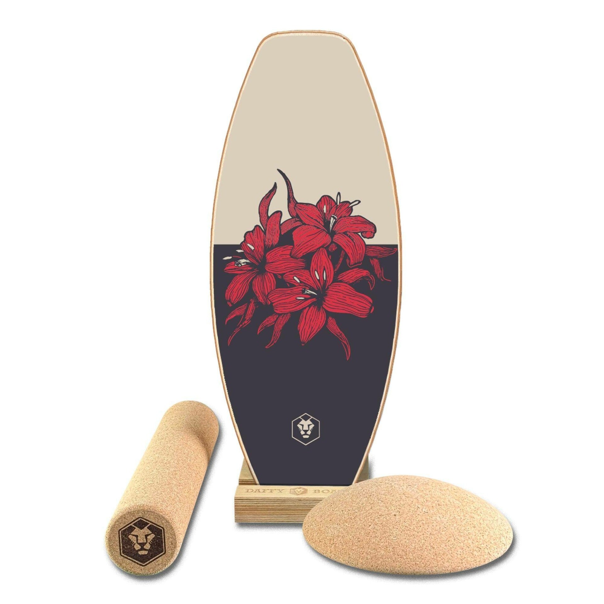 Daffy Boards Super-Bundle: Balance Board + Rolle + Kork-Halbkugel + Ständer, Design Hibiskus