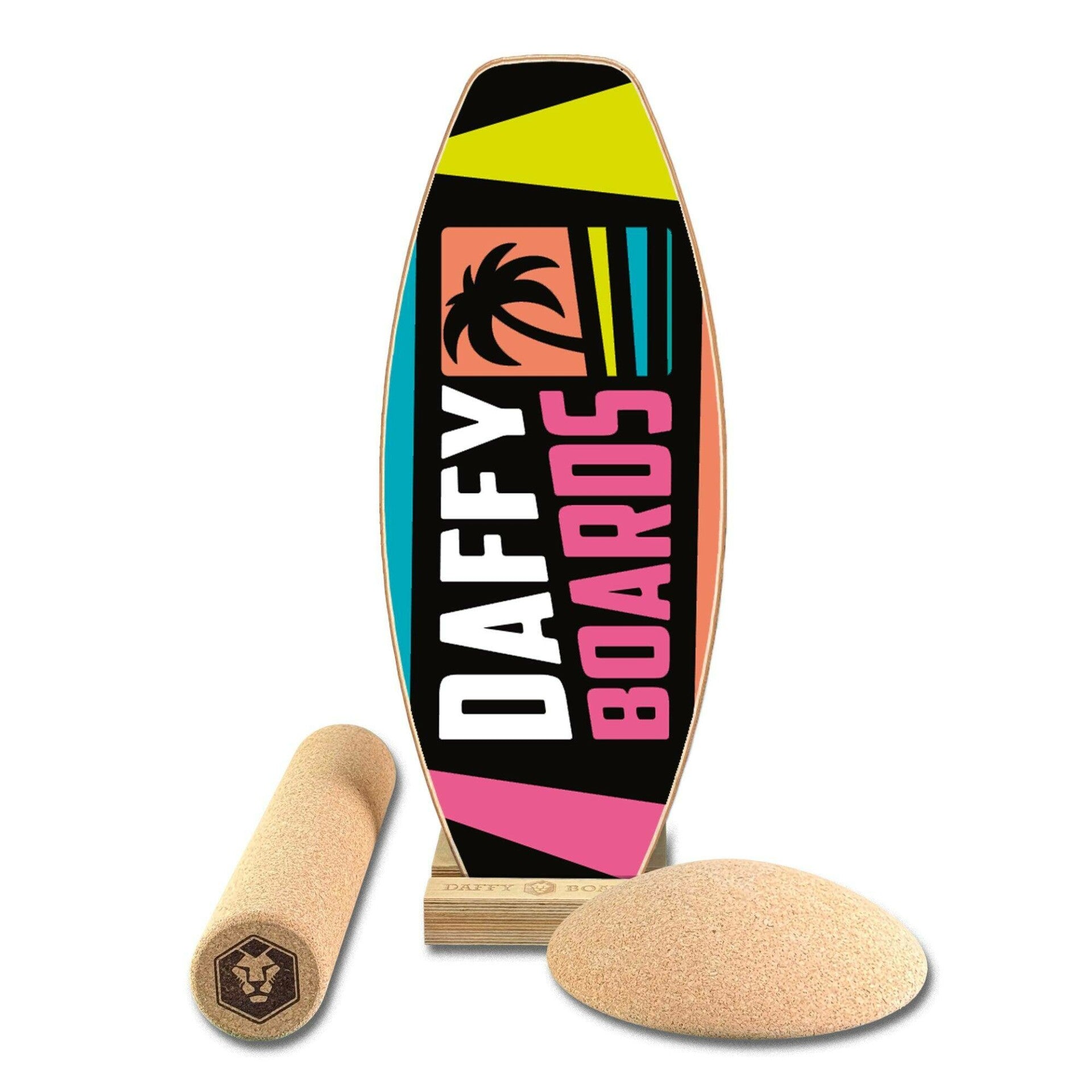 Daffy Boards Super-Bundle: Balance Board + Rolle + Kork-Halbkugel + Ständer, Design Neon