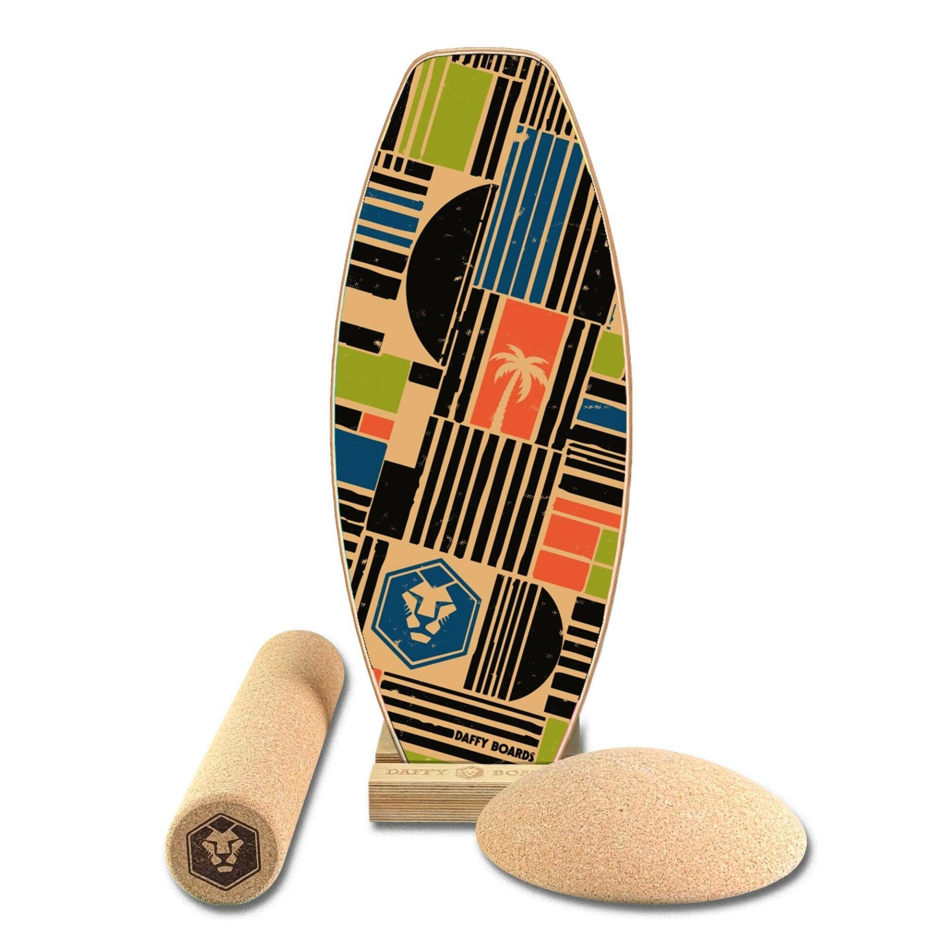 Daffy Boards Super-Bundle: Balance Board + Rolle + Kork-Halbkugel + Ständer, Design Shapes